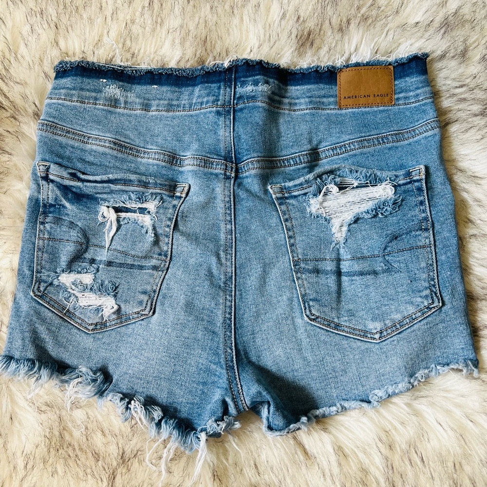 American Eagle High Rise Distressed Light Wash Denim Shorts